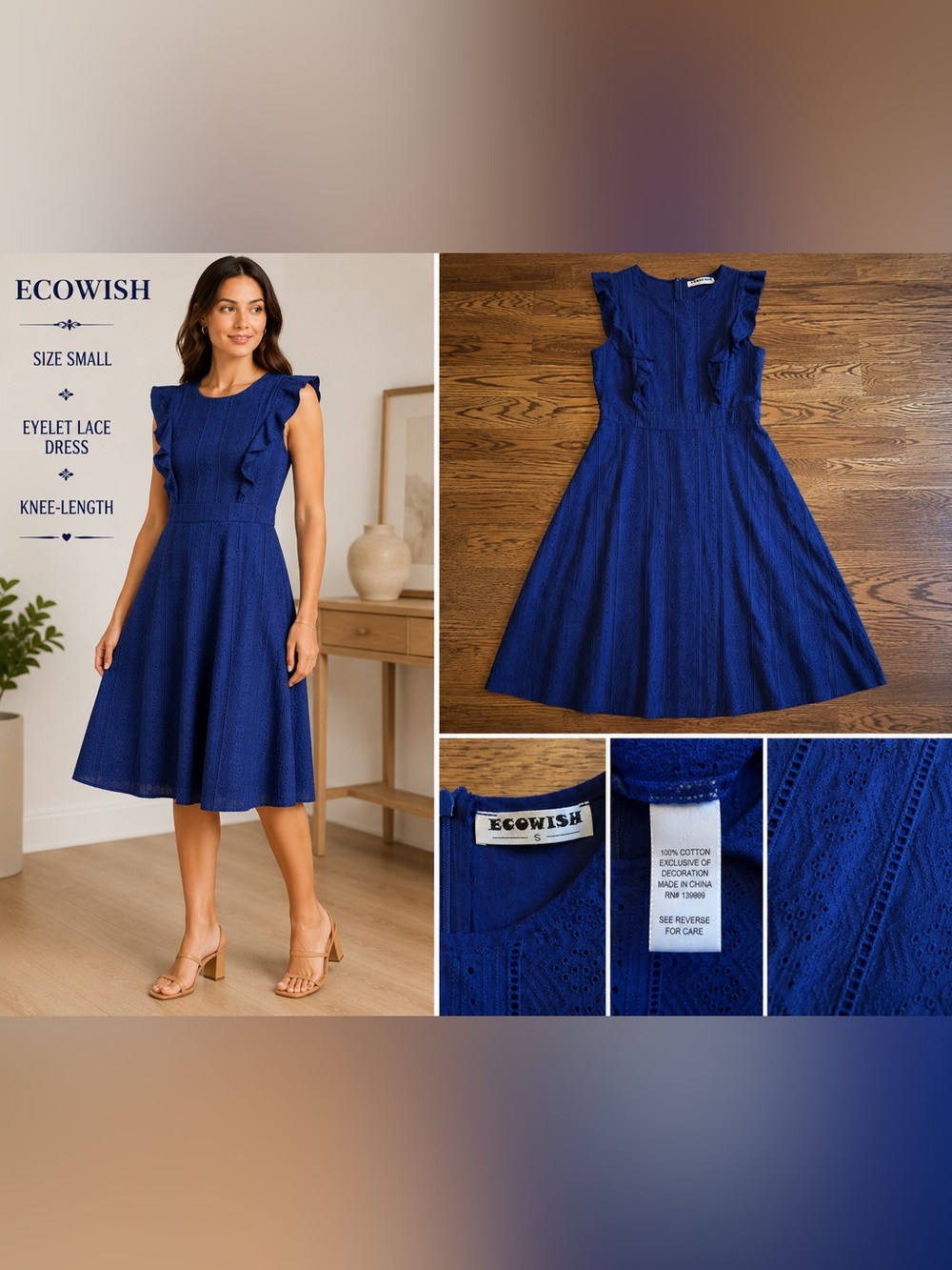 ECOWISH Navy Blue Eyelet Lace Dress Size Small  Spring Wedding Guest